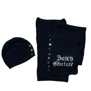 Juicy Couture Black Merino Wool Crochet Open Knit Long Scarf & Beanie Set